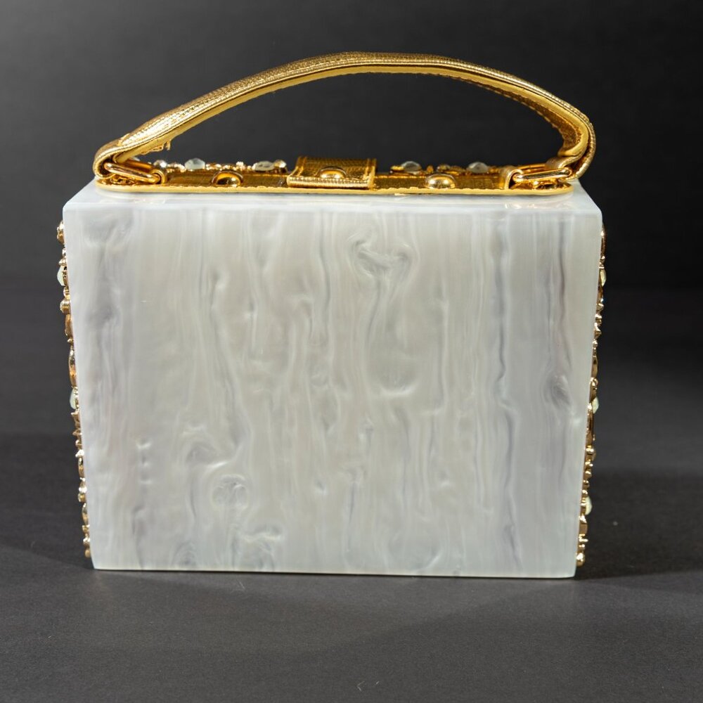 Verano Hill Acrylic Box Handbag White Gold Floral Design NWOT - Picture 5 of 7
